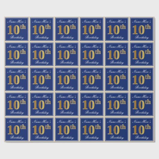 Elegant, Blue, Faux Gold 10th Birthday + naam Cadeaupapier (Vlak)