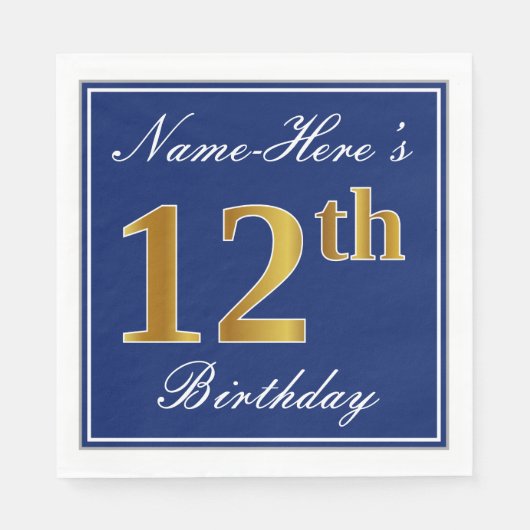 Elegant Blue, Faux Gold 12th Birthday; Aangepaste Servetten (Voorkant)