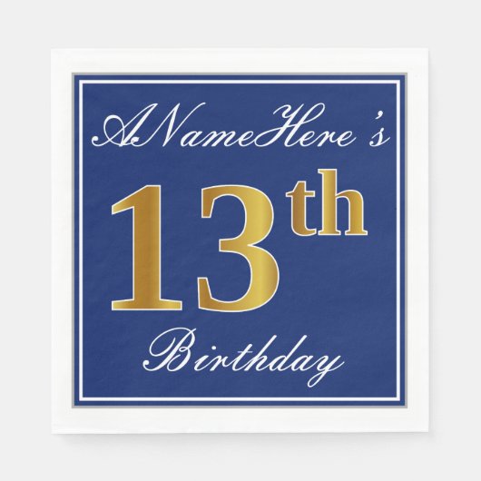 Elegant Blue, Faux Gold 13th Birthday; Aangepaste Servetten (Voorkant)