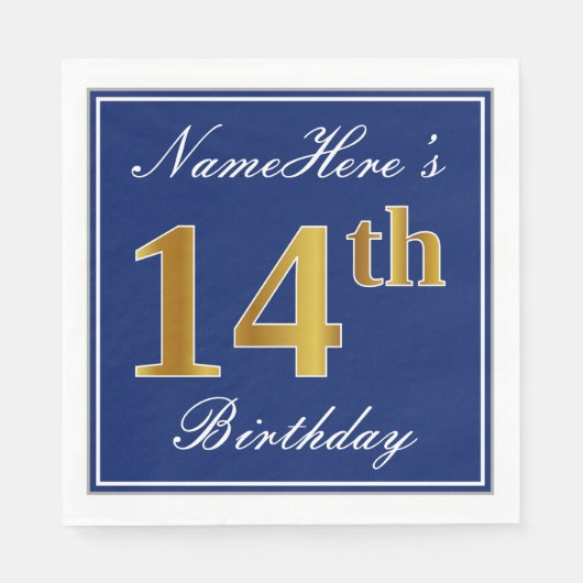 Elegant Blue, Faux Gold 14th Birthday; Aangepaste  Servetten (Voorkant)