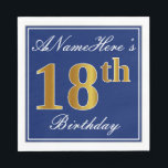 Elegant Blue, Faux Gold 18th Birthday; Aangepaste  Servetten<br><div class="desc">Dit eenvoudige en elegante papieren servetontwerp bevat een bericht als "ANamehere's 18th Birthday" (met de "18th" met een faux goudachtige kleur) binnen een blauw-gekleurd vierkant gebied met een eenvoudige omtrek aan de rand. De naam is in wit-gekleurde manuscript-als tekst, en kan worden aangepast. Dit soort luiers kunnen misschien op een...</div>