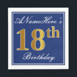 Elegant Blue, Faux Gold 18th Birthday; Aangepaste  Servetten<br><div class="desc">Dit eenvoudige en elegante papieren servetontwerp bevat een bericht als "ANamehere's 18th Birthday" (met de "18th" met een faux goudachtige kleur) binnen een blauw-gekleurd vierkant gebied met een eenvoudige omtrek aan de rand. De naam is in wit-gekleurde manuscript-als tekst, en kan worden aangepast. Dit soort luiers kunnen misschien op een...</div>