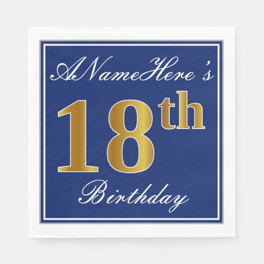 Elegant Blue, Faux Gold 18th Birthday; Aangepaste  Servetten (Voorkant)