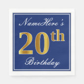 Elegant Blue, Faux Gold 20th Birthday; Aangepaste  Servetten (Voorkant)