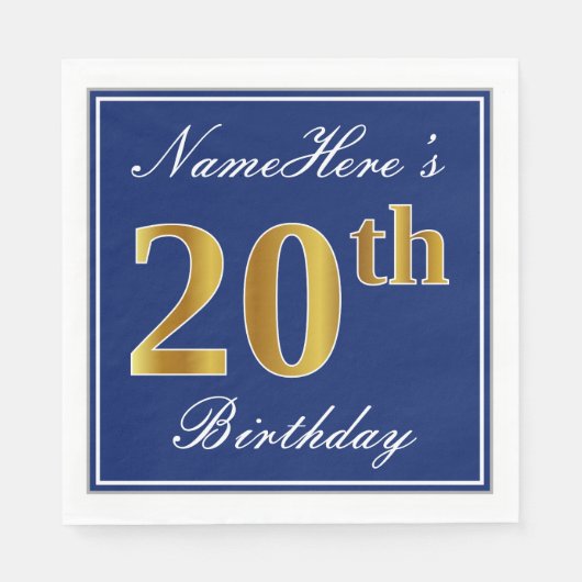 Elegant Blue, Faux Gold 20th Birthday; Aangepaste Servetten (Voorkant)