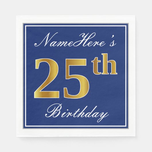 Elegant Blue, Faux Gold 25th Birthday; Aangepaste  Servet (Voorkant)