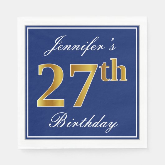 Elegant Blue, Faux Gold 27th Birthday; Aangepaste  Servet (Voorkant)
