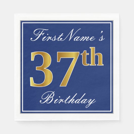 Elegant Blue, Faux Gold 37th Birthday; Aangepaste  Servet (Voorkant)