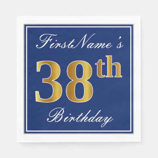 Elegant Blue, Faux Gold 38th Birthday; Aangepaste  Servet (Voorkant)