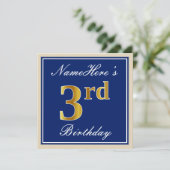 Elegant, Blue, Faux Gold 3rd Birthday; Aangepaste Kaart (Staand voorkant)