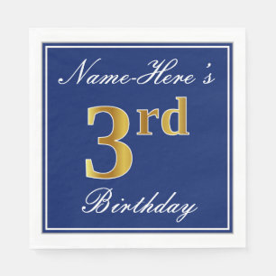 Elegant Blue, Faux Gold 3rd Birthday + aangepaste  Servet
