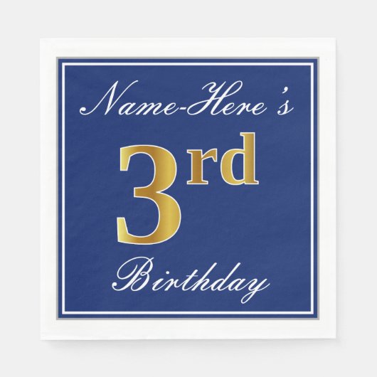 Elegant Blue, Faux Gold 3rd Birthday + aangepaste Servet (Voorkant)