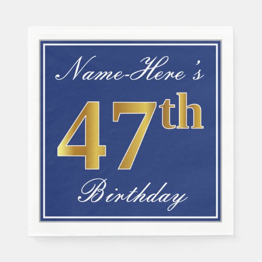 Elegant Blue, Faux Gold 47th Birthday; Aangepaste  Servet (Voorkant)