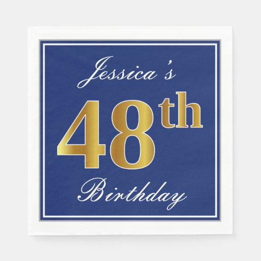 Elegant Blue, Faux Gold 48th Birthday; Aangepaste  Servet (Voorkant)