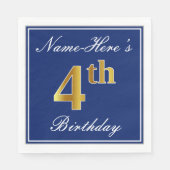 Elegant Blue, Faux Gold 4th Birthday + aangepaste  Servet (Voorkant)
