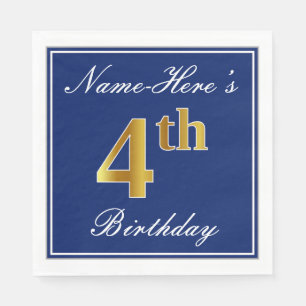 Elegant Blue, Faux Gold 4th Birthday + aangepaste  Servet