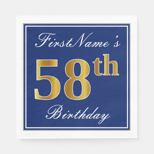 Elegant Blue, Faux Gold 58th Birthday; Aangepaste  Servet (Voorkant)