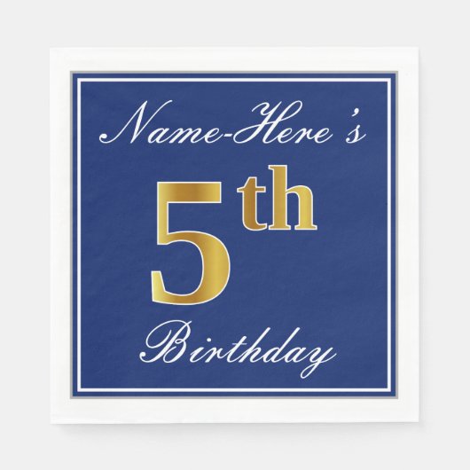 Elegant Blue, Faux Gold 5th Birthday + Aangepaste  Servetten (Voorkant)