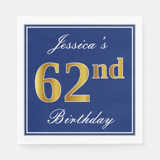 Elegant Blue, Faux Gold 62nd Birthday; Aangepaste  Servet (Voorkant)