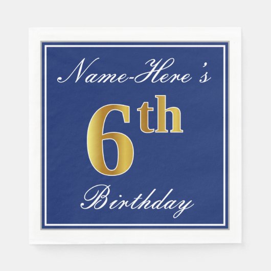 Elegant Blue, Faux Gold 6th Birthday + Aangepaste Servetten (Voorkant)