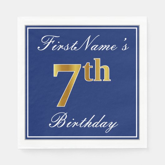 Elegant Blue, Faux Gold 7th Birthday + Aangepaste Servet (Voorkant)