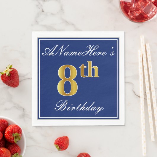 Elegant Blue, Faux Gold 8th Birthday + Eigen naam Servetten (Insitu)