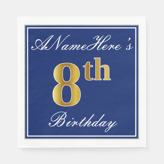 Elegant Blue, Faux Gold 8th Birthday + Eigen naam Servetten (Voorkant)