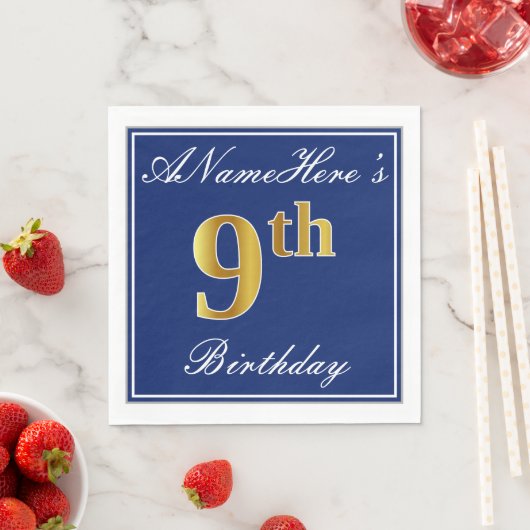 Elegant Blue, Faux Gold 9th Birthday + Aangepaste Servet (Insitu)