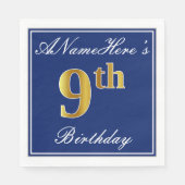 Elegant Blue, Faux Gold 9th Birthday + Aangepaste  Servet (Voorkant)