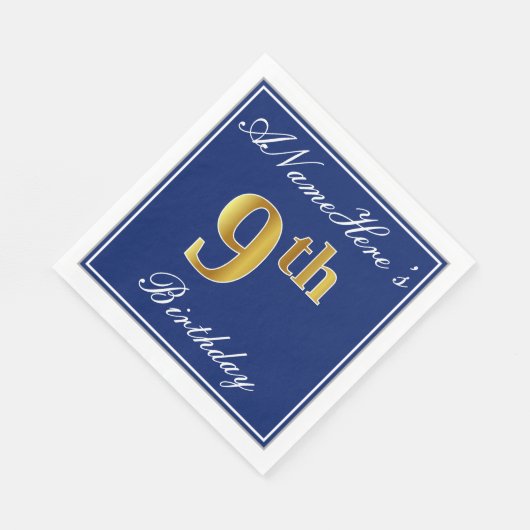Elegant Blue, Faux Gold 9th Birthday + Aangepaste Servet (Hoek)