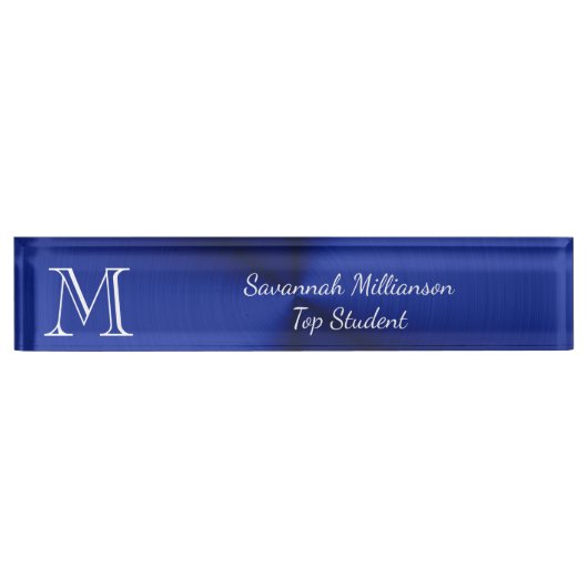 Elegant Blue Faux Metal Monogram Student Naambordje (Voorkant)