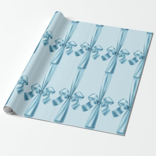 Elegant Blue Faux Satin Ribbon Bow Wrapping Paper Cadeaupapier (Uitgerold)