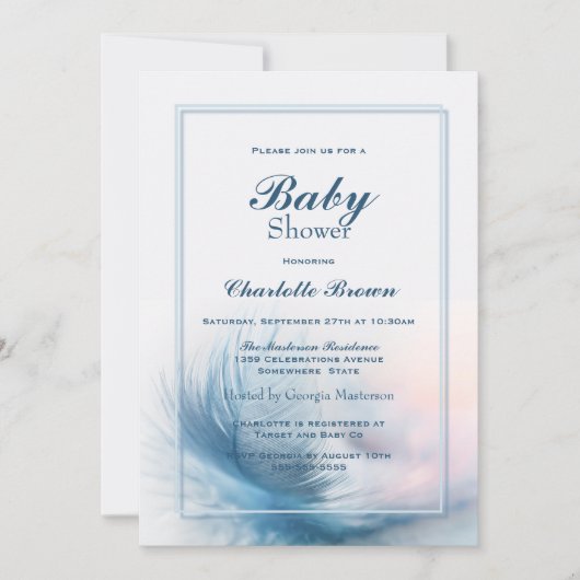 Elegant Blue Feather Baby shower Kaart (Voorkant)