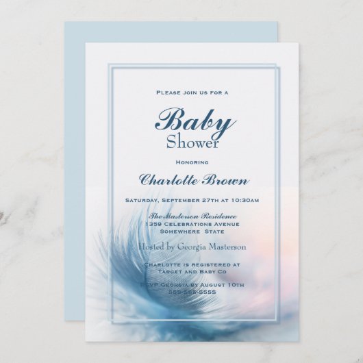 Elegant Blue Feather Baby shower Kaart (Voorkant / Achterkant)