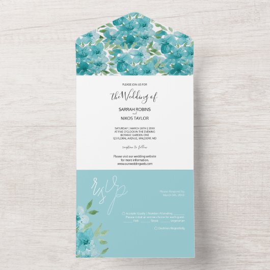 Elegant Blue Field Flowers Waterverf All In One Uitnodiging (Binnen)
