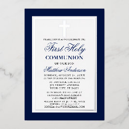 Elegant Blue First Heilige Commune Cross Silver Folie Uitnodiging