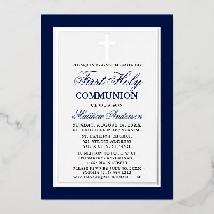 Elegant Blue First Heilige Commune Cross Silver Folie Uitnodiging