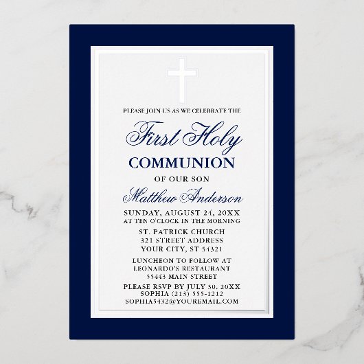 Elegant Blue First Heilige Commune Cross Silver Folie Uitnodiging (Voorkant)