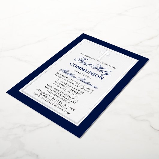Elegant Blue First Heilige Commune Cross Silver Folie Uitnodiging (Gedraaid)