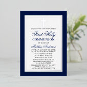 Elegant Blue First Heilige Commune Cross Silver Folie Uitnodiging (Staand Voorkant)