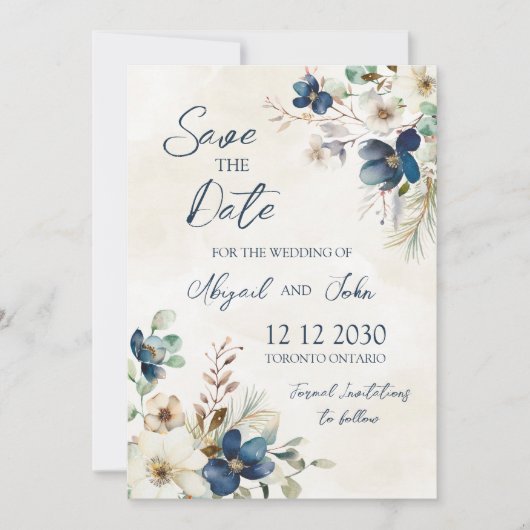 Elegant Blue Flora Winter Save the Date Card (Voorkant)