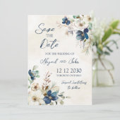 Elegant Blue Flora Winter Save the Date Card (Staand voorkant)