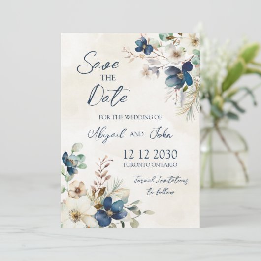 Elegant Blue Flora Winter Save the Date Card (Staand voorkant)