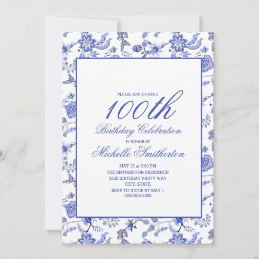 Elegant  Blue Floral 100th Birthday Women Kaart (Voorkant)
