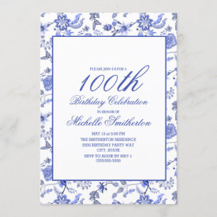 Elegant  Blue Floral 100th Birthday Women Kaart