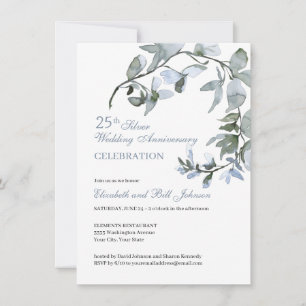 Elegant Blue Floral 25th Wedding Jubileum Kaart