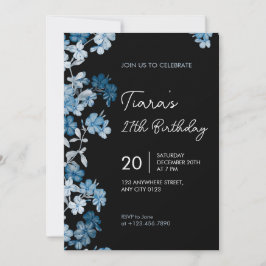 Elegant Blue Floral 27th Birthday Party Invitation Kaart
