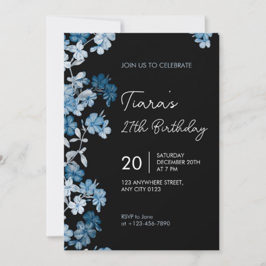 Elegant Blue Floral 27th Birthday Party Invitation Kaart (Voorkant)