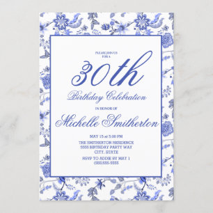Elegant  Blue Floral 30th Birthday Women Kaart