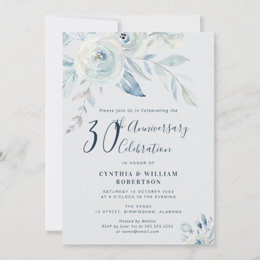 Elegant blue floral 30th bruiloft kaart (Voorkant)